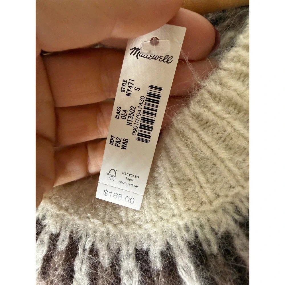 Madewell fair isle boxy sweater white brown merino wool blend small NWT
